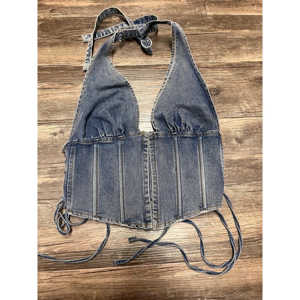 Windsor Denim Halter Corset Top Lace Up Sz S Y2K Hook Eye Jean Bustier Coquette - Picture 7 of 7